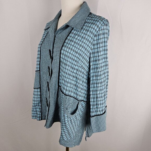 Ali Miles Blue Plaid Mixed Media Button Top Petite Large Cottagecore Pocket - Picture 3 of 11